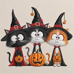 May include: An embroidered design featuring three cartoon cats wearing black witch hats with red bands and buckles. The cats are black, tuxedo, and orange, each wearing a red cape and holding a small jack-o'-lantern, with a large pumpkin below.