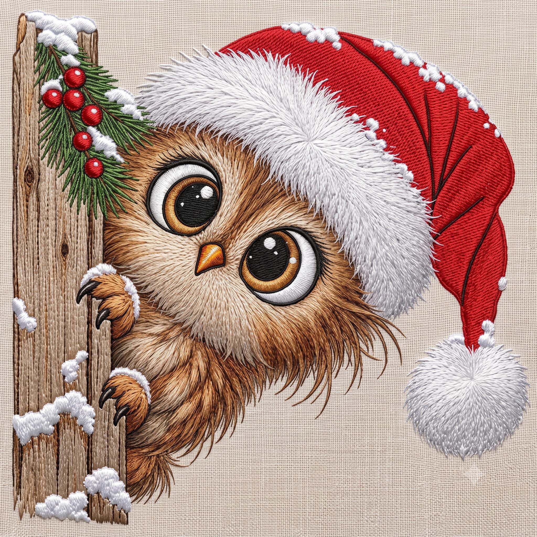 Christmas Owl Embroidery Design, Owl Peeking Behind Wooden Post, Cute Winter Bird Machine File