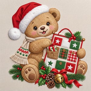 Peut inclure: Un ours en peluche marron portant un bonnet de Père Noël rouge avec un pompon blanc et une écharpe crème à motifs verts et rouges. L'ours tient un calendrier de l'Avent rectangulaire composé de carrés rouges et verts avec des étoiles blanches.