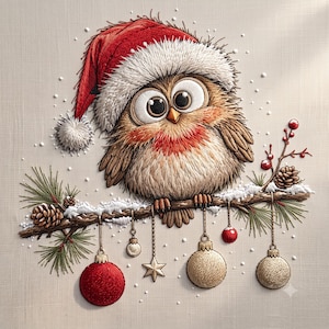 Può includere: Un ricamo raffigurante un gufo marrone dagli occhi grandi che indossa un cappello da Babbo Natale rosso e bianco. Il gufo è appoggiato su un ramo di pino decorato con neve, pigne, bacche rosse e ornamenti pendenti, tra cui sfere e una stella.