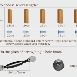 May include: Diagram showing how to choose screw length, with board thickness measurements in centimeters and corresponding screw lengths. Includes a diagram of a cabinet handle and a single hole knob.