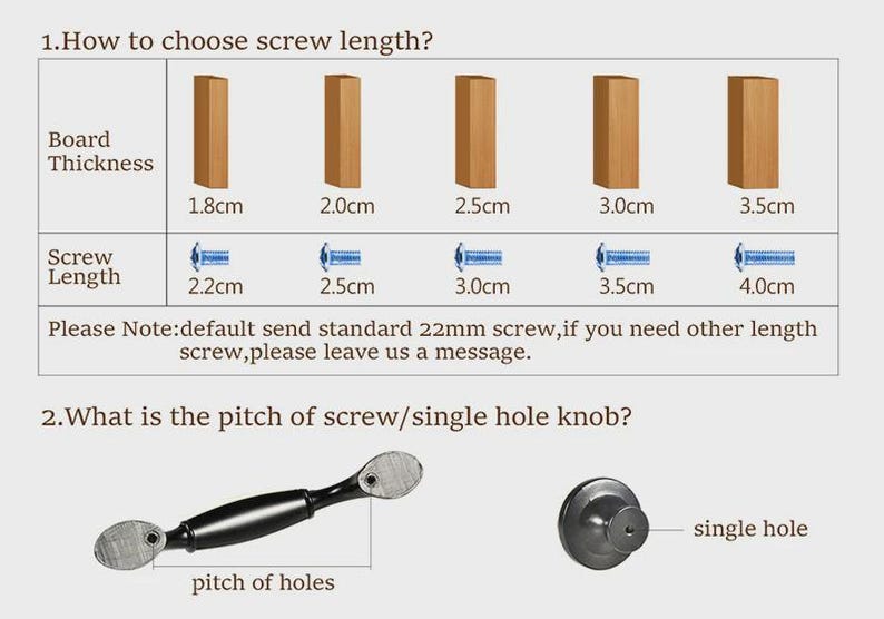 May include: Diagram showing how to choose screw length, with board thickness measurements in centimeters and corresponding screw lengths. Includes a diagram of a cabinet handle and a single hole knob.