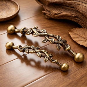 Tiradores de latón macizo para gabinetes de enredadera, tiradores de cajón con hojas doradas, pomos de rama de bronce antiguo, herrajes de cocina de estilo rústico francés, decoración de armario DIY