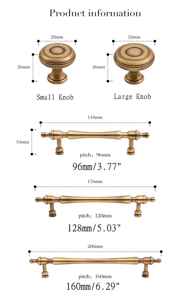 以下が含まれることがあります： キャビネットハードウェアの製品情報画像。ブロンズ色のノブ（幅28mmと32mm）と、ピッチが96mm、128mm、160mmのプルが表示されています。寸法はミリメートルとインチです。