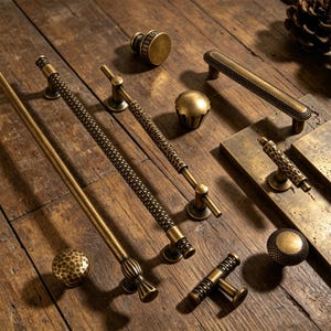 Puede incluir: Una variedad de herrajes de gabinete de latón antiguo, que incluyen perillas y tiradores, dispuestos sobre una superficie de madera. Los herrajes presentan diversas texturas y diseños, como detalles martillados, estampados y lineales. Los cálidos tonos latón contrastan con la veta de la madera.