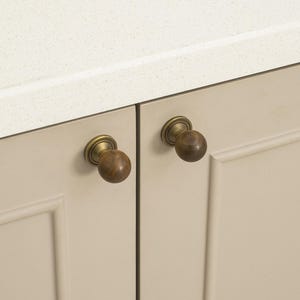 May include: Close-up of two cabinet doors with round, wooden knobs and brass hardware. The doors are a neutral beige color, and the countertop above is white. The text "ALL FOR YOUR SIMPLE LIFE" is at the bottom.