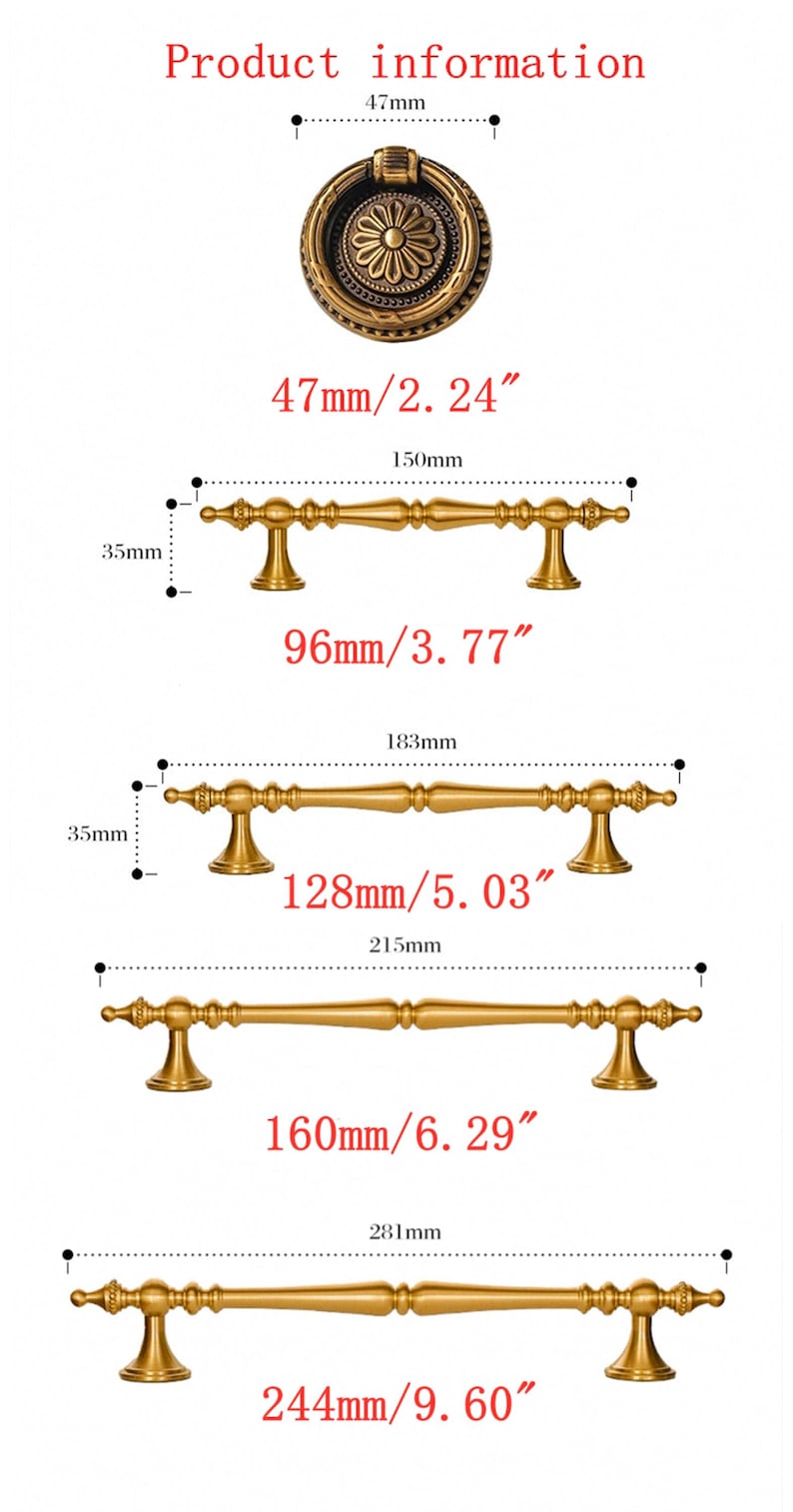 May include: Image of various antique brass cabinet hardware. Includes a round pull with a floral design, and three different sizes of bar pulls. Measurements are provided in inches and millimeters.