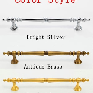May include: Image of three cabinet pulls in different finishes: Bright Silver, Antique Brass, and Brushed Brass. The text "Color Style" is at the top. Each pull has a bar shape with decorative end details and a curved base.