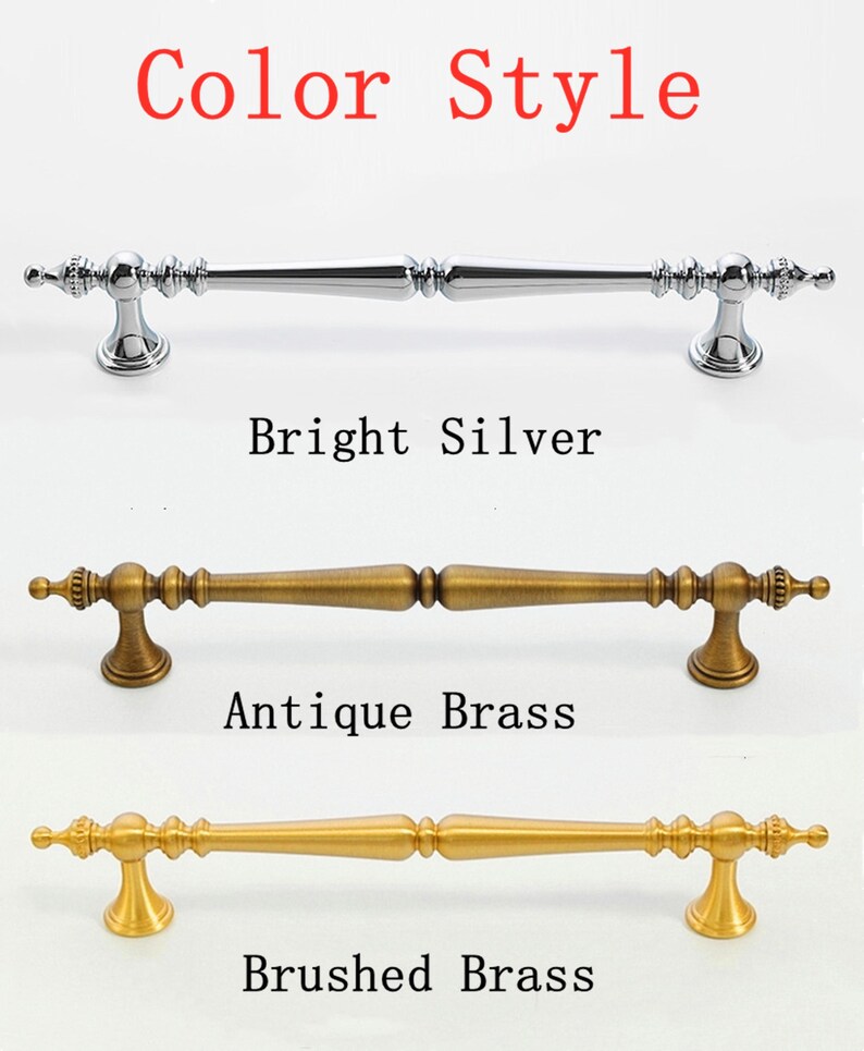 May include: Image of three cabinet pulls in different finishes: Bright Silver, Antique Brass, and Brushed Brass. The text "Color Style" is at the top. Each pull has a bar shape with decorative end details and a curved base.