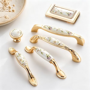 Tirador de armario de cerámica dorada con diseño floral / Pomos de cajón chinos vintage / Tiradores de puerta de armario / Herrajes para tiradores de muebles europeos