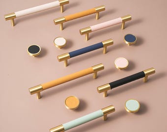 ハンドメイドレザー+真鍮ハンドル引き出しキャビネットノブキッチンドアハンドル食器棚ワードローブプルハンドル家具ハードウェアキャビネットノブ