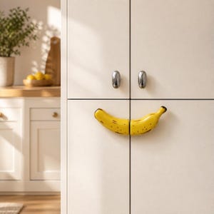 Puede incluir: Una puerta de armario blanca con un tirador en forma de plátano amarillo y dos pomos plateados encima. El tirador de plátano, con manchas marrones, está montado en la puerta. Cocina.