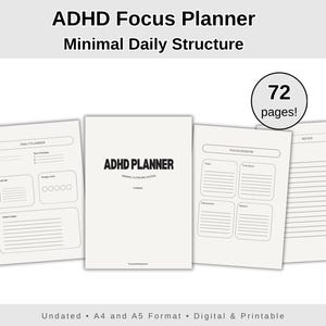 Könnte beinhalten: Ein weißer ADHD-Fokusplaner mit minimaler Tagesstruktur. Der Planer enthält Seiten für die Tagesplanung, Fokussitzungen und Notizen. Auf dem Cover steht "ADHD Planner". Der Planer ist undatiert und in den Formaten A4 und A5 mit 72 Seiten erhältlich.
