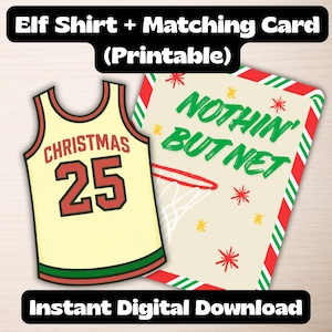 May include: A printable Christmas-themed design featuring a basketball jersey and a matching card. The jersey is cream-colored with "CHRISTMAS 25" in red. The card has "NOTHIN' BUT NET" text and a basketball hoop design, with red and green accents.