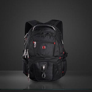 May include: Black backpack with multiple zipped compartments and red detailing. Includes a top handle, padded shoulder straps, and a small square logo. The backpack is likely made from a durable, water-resistant material.