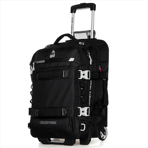 May include: Black rolling travel backpack with multiple compartments, white buckles, and a retractable handle. The bag has the text "GRANITE GEAR" and "CROSS-TREK" printed on it. Features wheels for easy transport.