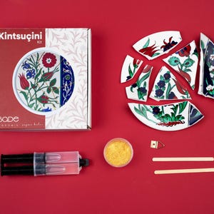Può includere: Un kit Kintsugi con un piatto decorativo rotto con disegni floreali rossi, blu e verdi. Il kit include una scatola, colla, polvere e strumenti, il tutto su sfondo rosso. La scatola dice "Kintsugi Kit".