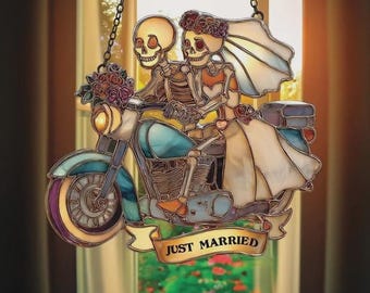 Just Married Skeleton Couple Suncatcher, Gothic Faux Stained Glass Wedding Gift