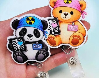 Cute Xray Bear Badge Reel, Radiology Tech ID Holder, Rad Tech Nurse Gift