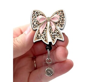 Coquette Bow Pink Leopard Badge Reel, Trendy Cheetah ID Holder, Aesthetic Girly Nurse Gift