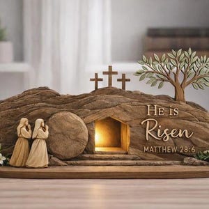 He Is Risen Easte Wooden Block, Christian Resurrection Table Sign, Religious Home Decor Gift, Empty Tomb Cross Wood Shelf