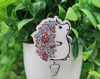 Floral Hedgehog Badge Reel, Cute Woodland Animal ID Holder, Vet Tech Teacher Gift