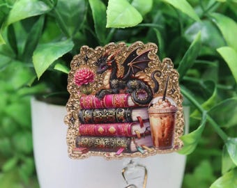 Book Dragon Badge Reel, Iced Coffee Reader ID Holder, Librarian Teacher Gift
