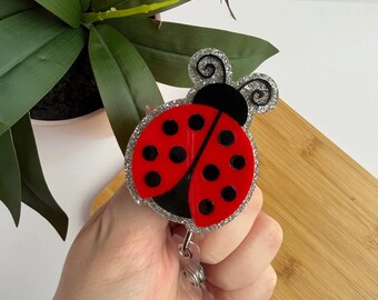 Pretty Ladybug Acrylic Badge Reel, Cute Insect ID Holder, Pediatric Nurse Teacher Gift
