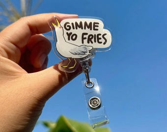 Gimme Yo Fries Seagull Badge Reel, Funny Hangry Bird ID Holder, Quirky Nurse Gift