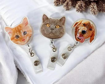 Personalized Pet Portrait Badge Reel, Custom Dog Cat Face ID Holder, Vet Tech Nurse Gift