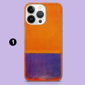 May include: A phone case featuring an abstract design with a vibrant orange upper section and a deep purple lower section. The case has a clear border and is designed to fit a smartphone. The design resembles a color field painting.