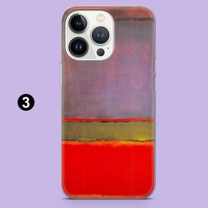 May include: A phone case featuring an abstract painting with horizontal bands of color. The top section is a muted purple, followed by a thin red line, a band of yellow and green, and a vibrant red base. The case has a clear border.