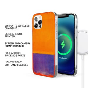 May include: A phone case with an abstract design featuring orange and purple blocks. The phone case is shown next to a phone displaying a charging symbol. The case has the following features: supports wireless charging, sides are not printed, screen and camera bumper raised, full access to device ports, and is light weight and flexible.