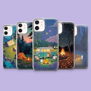May include: Five phone cases with camping scenes. Each case shows a different illustration, including tents, campfires, a vintage camper van, and starry night skies. The cases are clear with colourful designs.