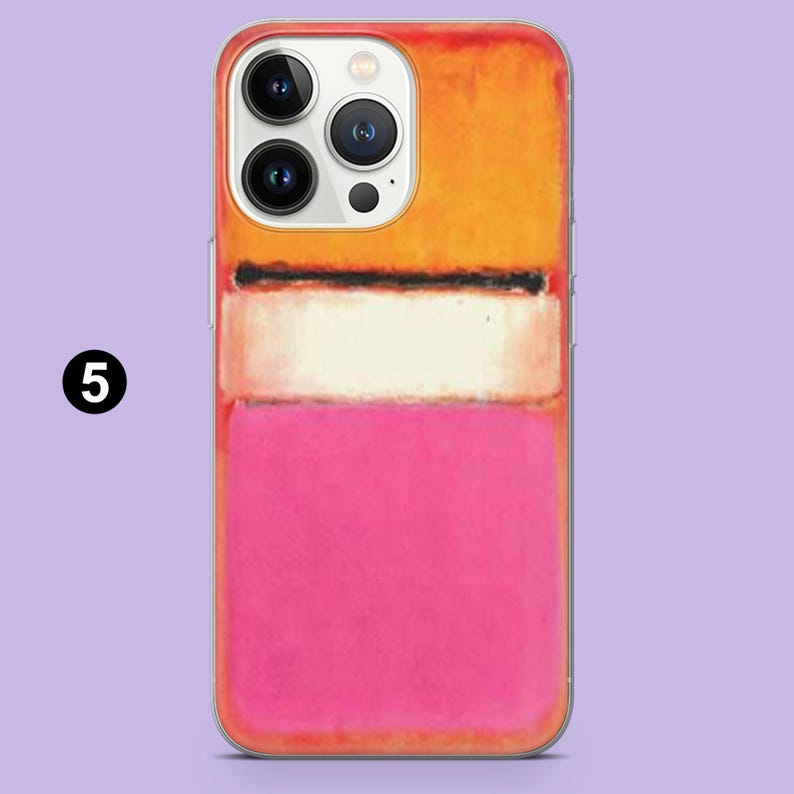 May include: A phone case with a colorful abstract design. The top section is orange, followed by a white band with a thin black line, and a pink bottom. The phone case has a clear border and a number 5 in a black circle.