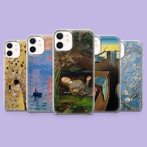 Könnte beinhalten: Eine Auswahl an Handyhüllen mit berühmten Kunstdrucken. Die Hüllen zeigen Kunstwerke von Klimt, Monet und Dalí, unter anderem. Die transparenten Hüllen ermöglichen die Sichtbarkeit der Kunst auf der Rückseite und bieten so einen stilvollen Schutz für ein Telefon.