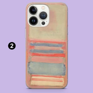 May include: A clear phone case featuring an abstract design with horizontal bands of color. The design includes shades of red, blue, pink, and beige, creating a layered effect. The phone case has a clear border and a camera cutout.