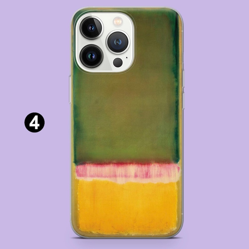 May include: A clear phone case featuring an abstract painting with a green upper section, a pink and white middle section, and a yellow lower section. The phone case has a clear border and a black number 4 in a white circle in the upper left corner.