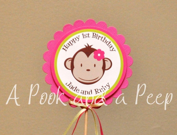 Pink And Lime Green Mod Monkey Centerpiece Cake Topper Birthay Etsy