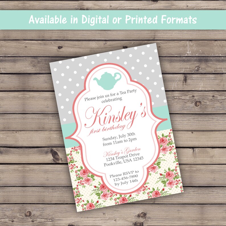 personalized custom 5x7 Mint Teal Coral Gray Rose Tea Party Birthday or Baby Shower PRINTED invitation with envelopes