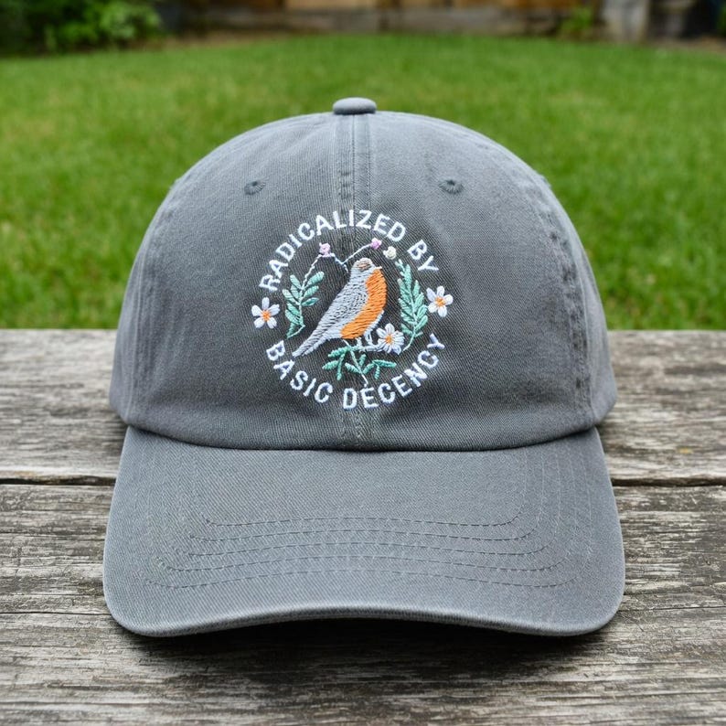 Radicalized By Basic Decency Hat, Embroidered Bird Baseball Cap, Kindness Activist Gift, Navy Blue Dad Hat, Floral Bird Graphic Cotton Cap image 2