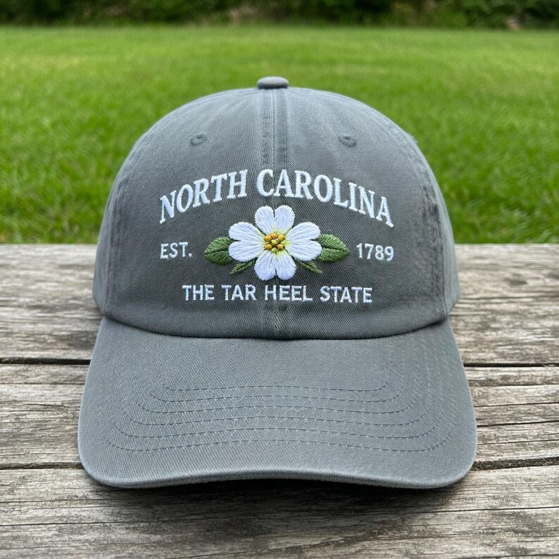 North Carolina State Flower Dogwood Embroidered Hat, Vintage 1789 Est Tar Heel State Cap, Navy Cotton Dad Hat, NC Southern Gift for Her image 2