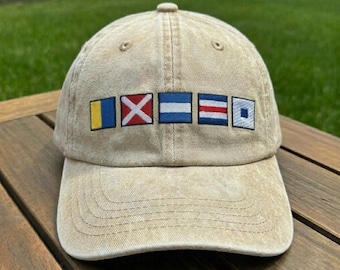 Custom Nautical Signal Flag Embroidered Hat, Personalized Name Sand Wash Sailing Cap, Maritime Boat Gift, Yachting Dad Hat