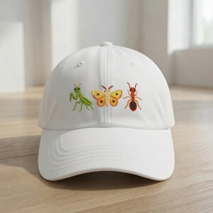 Embroidered MiniInsect Hat, Mantis Moth Ant Baseball Cap, Vintage Bug Lover Gift, Nature Aesthetic Hat, Science Illustration Garden Headwear