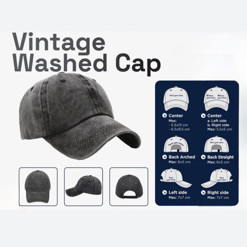 May include: A vintage washed cap in a faded charcoal gray. The cap has a curved brim and a distressed look. The image includes diagrams with measurements in centimeters, with the center of the cap measuring 5.5 x 13 cm.