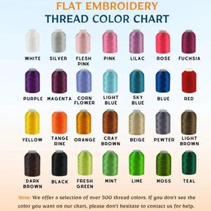 May include: A flat embroidery thread color chart displays a variety of thread colors. The chart includes colors such as white, silver, pink, lilac, rose, purple, magenta, yellow, orange, brown, black, green, and teal. The text at the top says "FLAT EMBROIDERY THREAD COLOR CHART."
