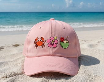 Embroidered Crab Hibiscus Coconut Cap, Tropical Beach Embroidered Cap, Cute Ocean Baseball Cap, Island Vibes Hat, Summer Vacation Gift