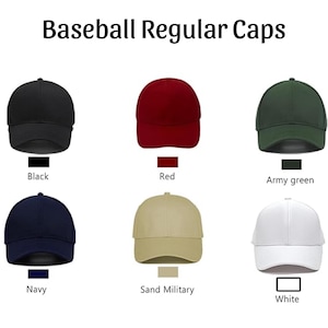 May include: Baseball regular caps in various colors: black, red, army green, navy, sand military, and white. Each cap has a curved brim and adjustable strap. The text "Baseball Regular Caps" is at the top.