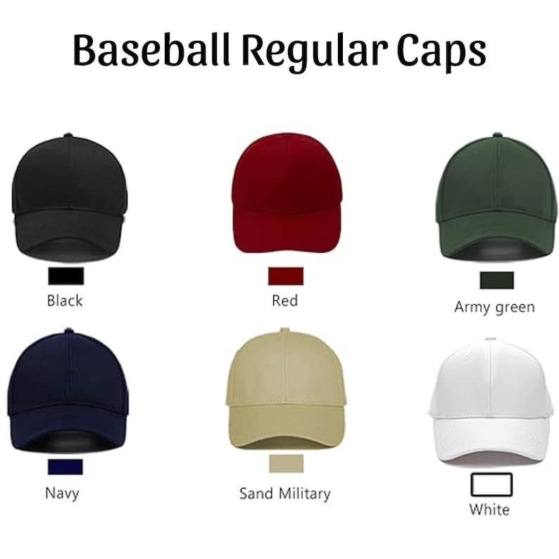 May include: Baseball regular caps in various colors: black, red, army green, navy, sand military, and white. Each cap has a curved brim and adjustable strap. The text "Baseball Regular Caps" is at the top.