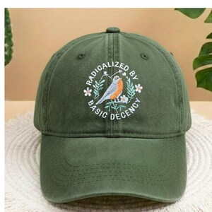 Radicalized By Basic Decency Hat, Embroidered Bird Baseball Cap, Kindness Activist Gift, Navy Blue Dad Hat, Floral Bird Graphic Cotton Cap image 5